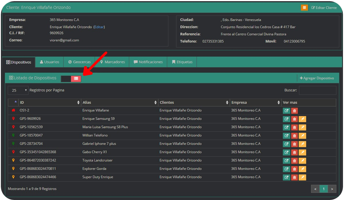Pestaña Dispositivos Lista Listado Dispositivos
