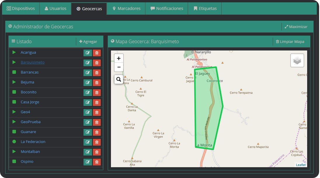 Pestaña Geocercas Geocercas