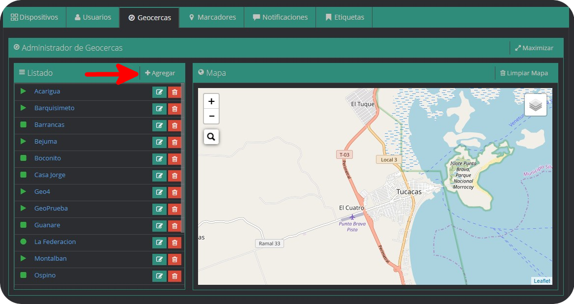 Pestaña Geocercas Geocercas