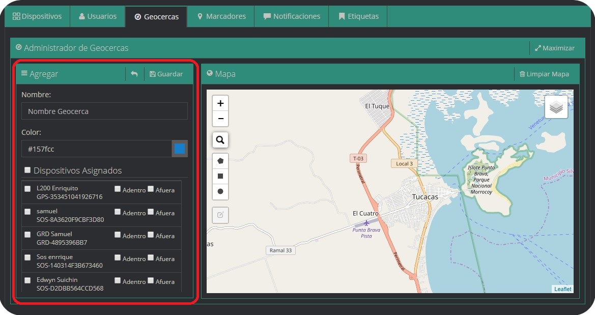 Pestaña Geocercas Geocercas