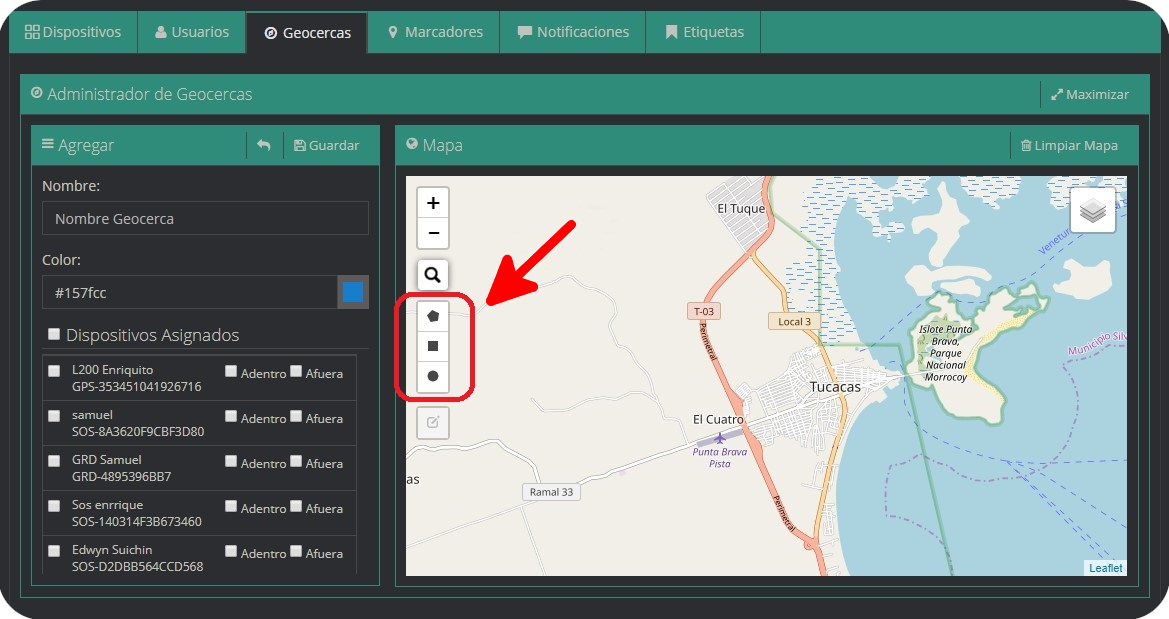 Pestaña Geocercas Geocercas