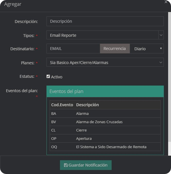 Notificaciones Agregar Notificación