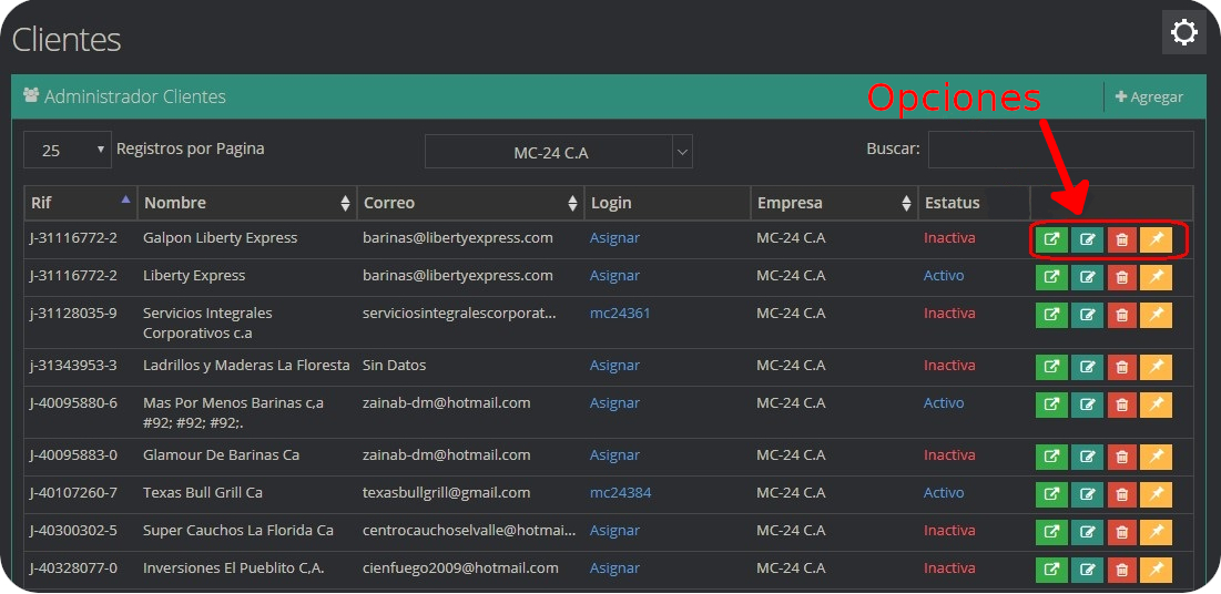Menú Opciones Opciones Cliente