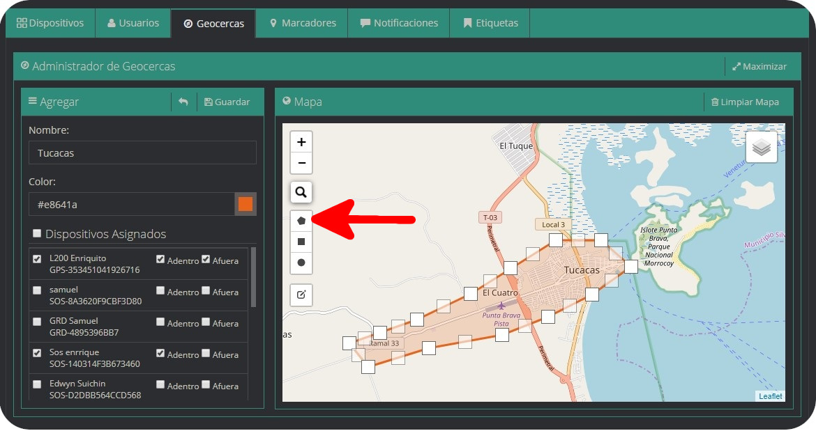 Pestaña Geocercas Geocercas