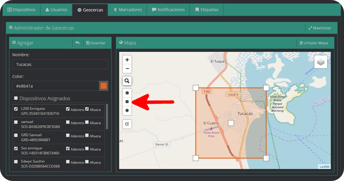 Pestaña Geocercas Geocercas