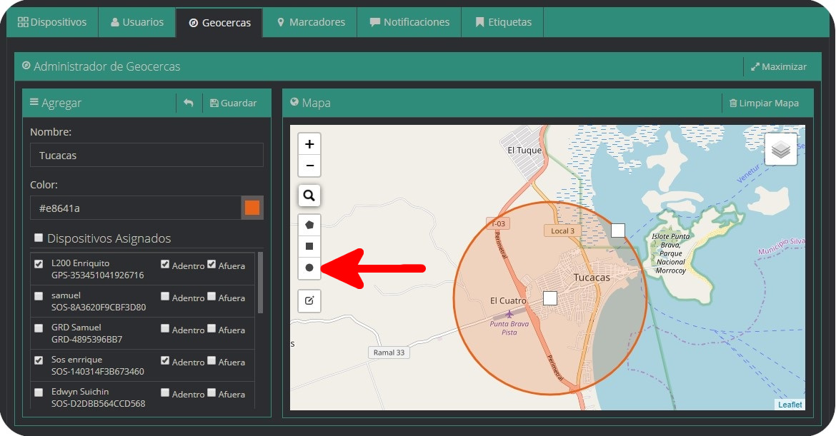 Pestaña Geocercas Geocercas